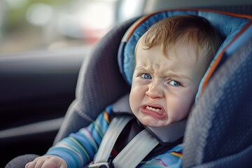 Crying baby strapped in car back seat, infant safety travel parenting challenges real life moment