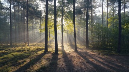 Fototapeta premium A misty forest in the early morning, with sunlight filtering through the trees, casting long shadows on the forest floor.