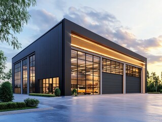 Modern flat Warehouse building under a cloudy sky at sunset, Glass walls modern architecture