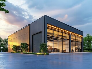 Obraz premium Modern flat Warehouse building under a cloudy sky at sunset, Glass walls modern architecture