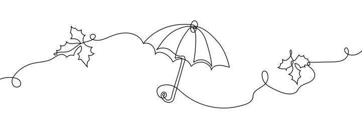 Continuous one line drawing of umbrella with autumn leaves. opened umbrella line art vector illustration. Editable stroke. © Emilia
