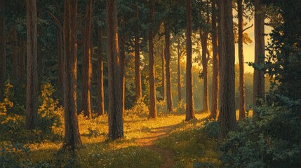 Fototapeta premium A peaceful forest scene with sunlight breaking through the trees, illuminating a carpet of ferns and wildflowers on the forest floor.
