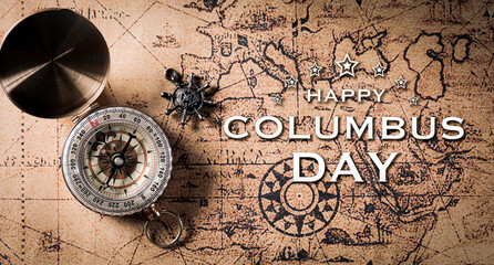 Happy Columbus Day concept. Vintage compass and retro treasure manuscript.  Flat lay, top view with...