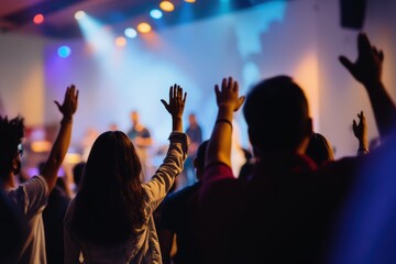 Hands in the air, people who are praising God and Jesus at a church service with worship band in the background,