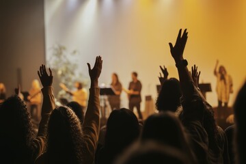 Hands in the air, people who are praising God and Jesus at a church service with worship band in the background,