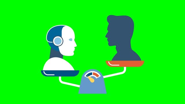 Robot and man on scales. Artificial and natural intelligence are in scientific balance. Advantages of AI over human mind and vice versa. AI automation. 2D flat animation. Alpha channel. Lopped video