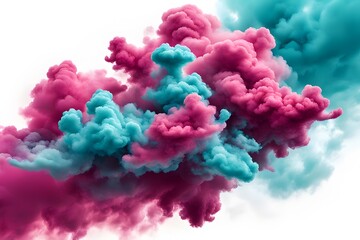 Fototapeta premium Vibrant magenta and cyan smoke clouds blending together creating a dynamic scene on a white background, Ai Generated