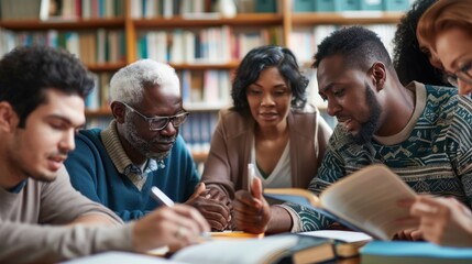 A diverse group of adult learners from various backgrounds collaborating on a project in a community education center