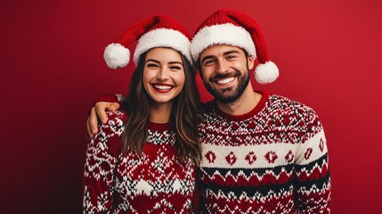 Fototapeta premium Cheerful Couple in Festive Hats and Christmas Sweaters Smiling Together