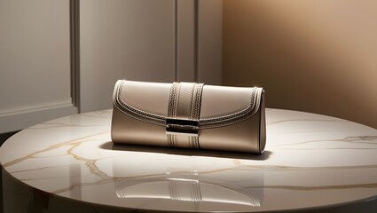 A  purse resting on a polished marble table, showcasing its elegant design against a smooth surface. GENERATIVE AI