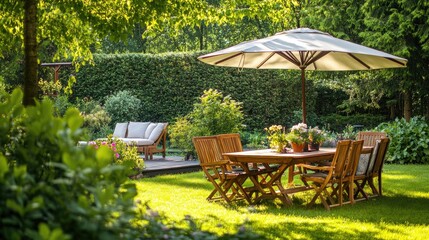 Obraz premium a wooden table and chairs with an umbrella in a green park garden