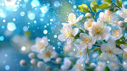   White flowers on a branch, close-up with water droplets