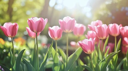 Vibrant Pink Tulips Blooming Outdoors on Sunny Day