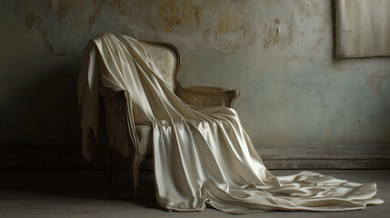 An antique armchair draped in luxurious fabric in a dusty room.