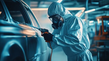 Male painter in respiratory mask and protective suit painting car with spray gun in car service. copy space for text.