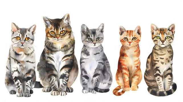 set of watercolor cats illustrations, cat illustration, positions, png model sheet realistic character design on white background, hand drawn painting on wet canvas, real kittens posing