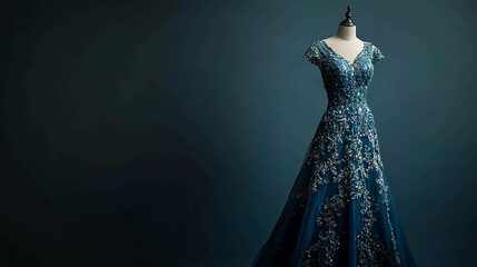 A beautiful, sparkling teal gown on a mannequin.