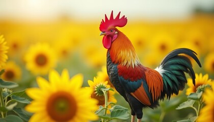 Fototapeta premium Vibrant rooster in a field of sunflowers