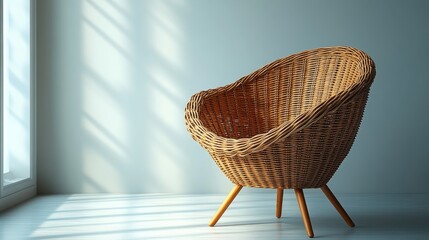 Obraz premium Cozy wicker chair in a minimalist sunlit room with soft shadows