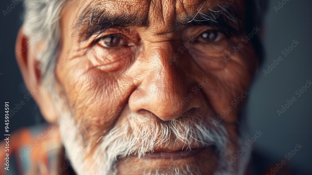 Poster a close-up portrait highlights the serene expression of an elderly man, showcasing the rich textures