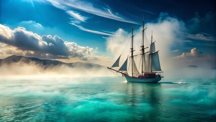 Fototapeta premium A delicate spray of sea mist surrounds a majestic sailboat as it glides effortlessly across the turquoise waters, its sails billowing in the gentle morning breeze.