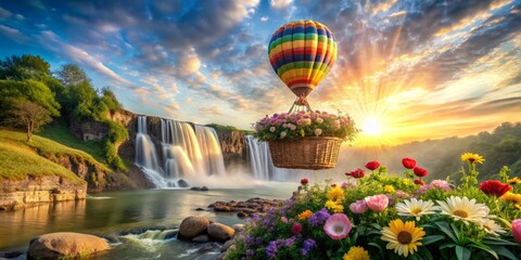 Fototapeta premium A hot air balloon floating above the falls, its basket overflowing with flowers and ribbons, as the sun shines brightly overhead.