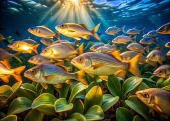 Beneath the morning's golden glow, a school of fish swim in synchronized motion, their iridescent scales shimmering like a submerged treasure trove