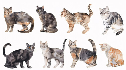 set of watercolor cats illustrations, cat illustration, positions, png model sheet realistic character design on white background, hand drawn painting on wet canvas, real kittens posing