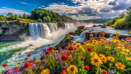 Vibrant wildflowers bloom on the rocky outcroppings, painting the falls' amphitheater with vibrant colors.