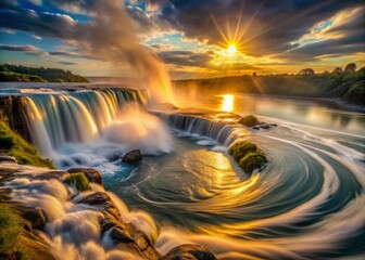 Under the warm afternoon light, the mist transforms into a swirling vortex, as if the falls are being drawn into a celestial whirlpool.