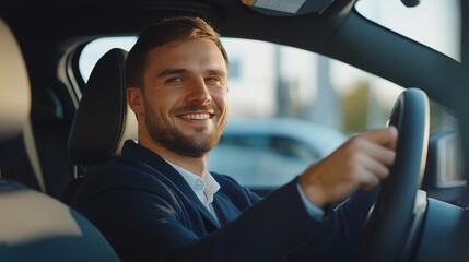 Obraz premium New car, dealership and portrait of happy man in vehicle for purchase, good service or loan success. Customer, driving and proud driver in showroom. copy space.