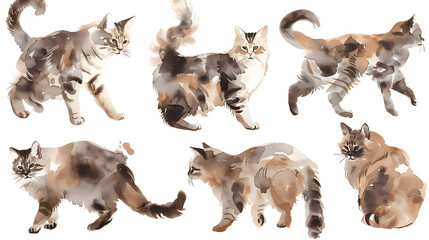 Fototapeta premium set of watercolor cats illustrations, cat illustration, positions, png model sheet realistic character design on white background, hand drawn painting on wet canvas, real kittens posing