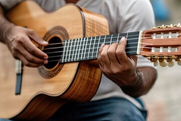Fototapeta premium Latino Musicians: A close-up of hands playing traditional Latin instruments like the guitar, maracas, or congas, emphasizing the musical heritage.