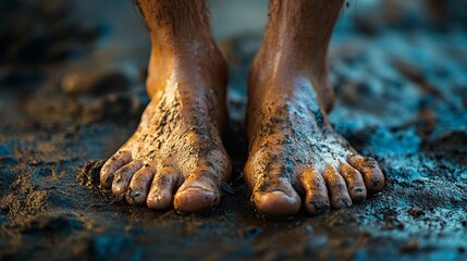 Close-up of muddy feet on a dirt path during an outdoor adventure