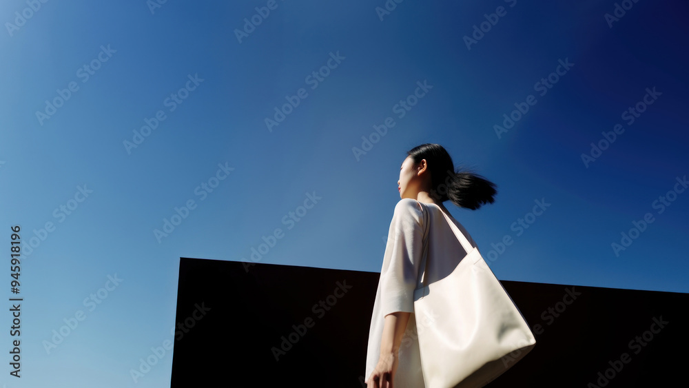 Poster asian woman holding a big tote bag walking fashion adult.