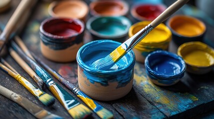 Painting ceramic products using acrylic paint and brush. Making a colorful decoration of a clay project with paint and water.