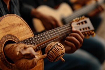 Fototapeta premium Latino Musicians: A close-up of hands playing traditional Latin instruments like the guitar, maracas, or congas, emphasizing the musical heritage.