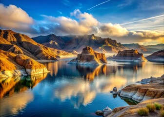 Lake Mead's shoreline morphing into an ethereal, otherworldly landscape, with twisted rock formations and glowing, iridescent mist.