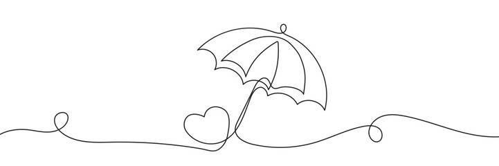 Continuous one line drawing of umbrella with heart. opened umbrella line art vector illustration. Editable stroke. © Emilia
