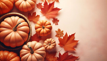 A collection of small orange pumpkins arranged on a soft beige background autumn leaves in shades of orange and brown