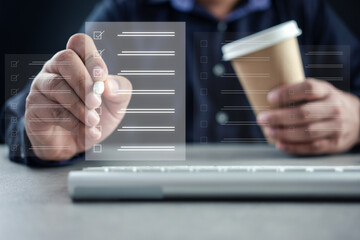 Businessman checking on the check boxes. Successful completion of business tasks. Digital marketing of statistics level up of graph. Business management goal strategy. Document management system DMS.