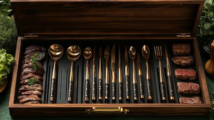 Obraz premium Luxurious wooden box with high-end cutlery set and steak pieces