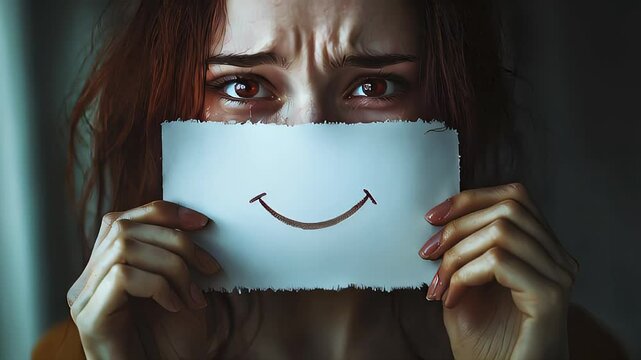 Crying woman holding a paper with a drawn smile hiding her face. Concept of hiding emotions and inner pain.