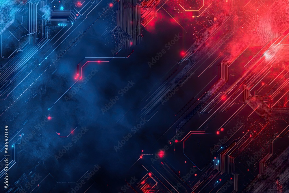 Wall mural abstract pattern of dark blue and red colors with glowing light elements and lines, perfect for tech