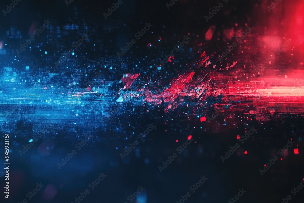 Poster abstract motion background featuring vibrant blue and red streaks with dynamic particles, perfect fo