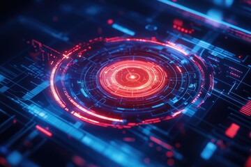 Obraz premium Futuristic graphic showcasing vibrant circular patterns and digital elements in blue and red tones, representing technology and innovation.