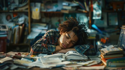 Multiracial Student Sleeping on Desk in a Cluttered Study Room - Concept of Exhaustion and Academic Overload. Generative ai