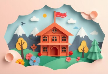 Papercraft house with mountains and flowers.