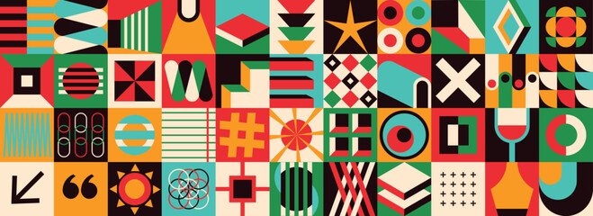 Avant-garde mosaic background. Brutal geometric shapes. Minimalistic postmodern abstract shapes, swiss banner design, basic geometry, modern primitive blocks, art nouveau elements.