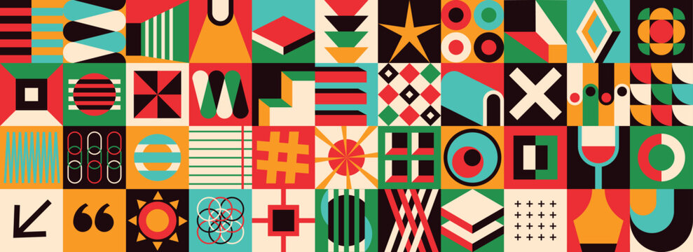 Avant-garde mosaic background. Brutal geometric shapes. Minimalistic postmodern abstract shapes, swiss banner design, basic geometry, modern primitive blocks, art nouveau elements.
